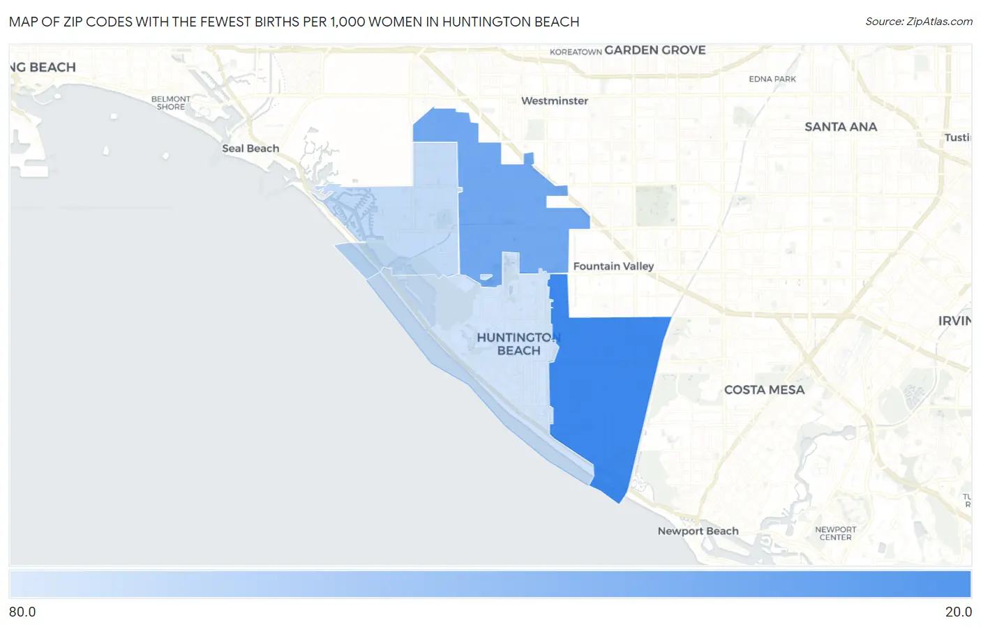 Zip Codes with the Fewest Births per 1,000 Women in Huntington Beach Map