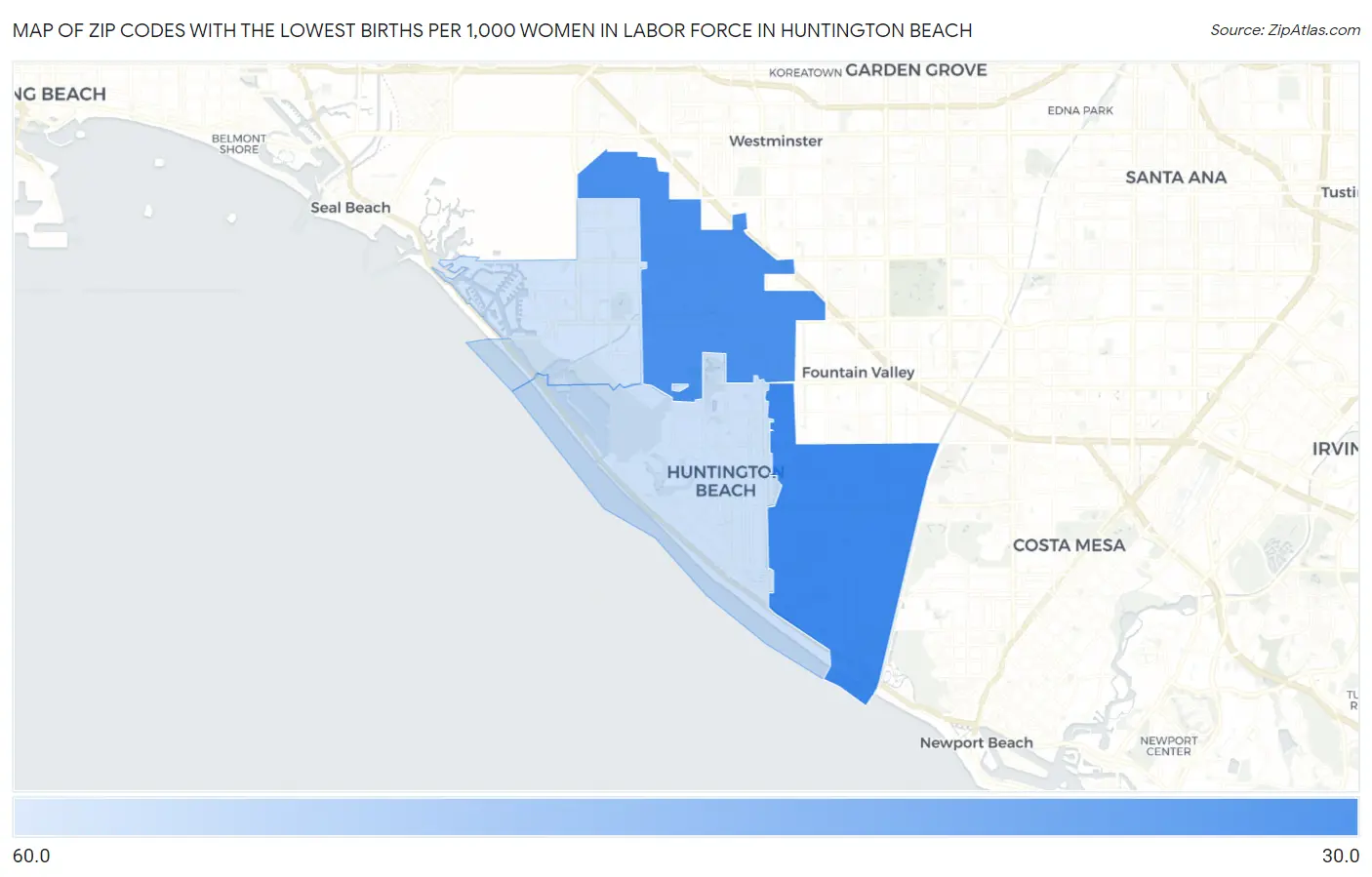 Zip Codes with the Lowest Births per 1,000 Women in Labor Force in Huntington Beach Map