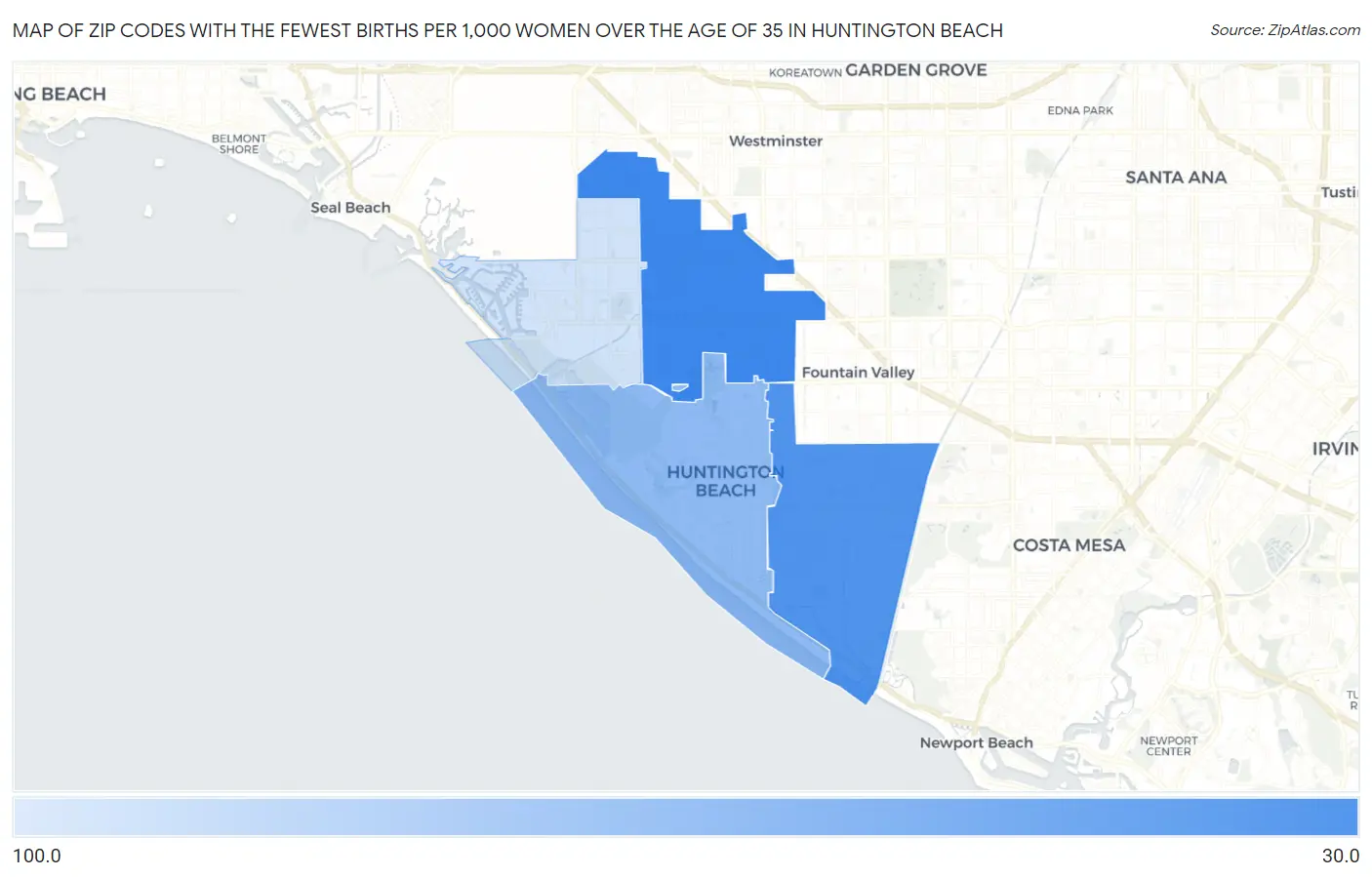 Zip Codes with the Fewest Births per 1,000 Women Over the Age of 35 in Huntington Beach Map