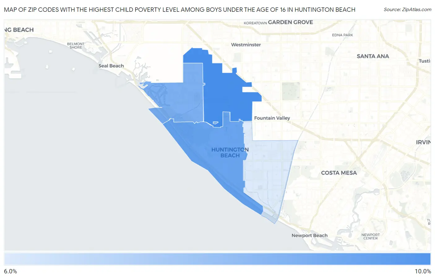 Zip Codes with the Highest Child Poverty Level Among Boys Under the Age of 16 in Huntington Beach Map