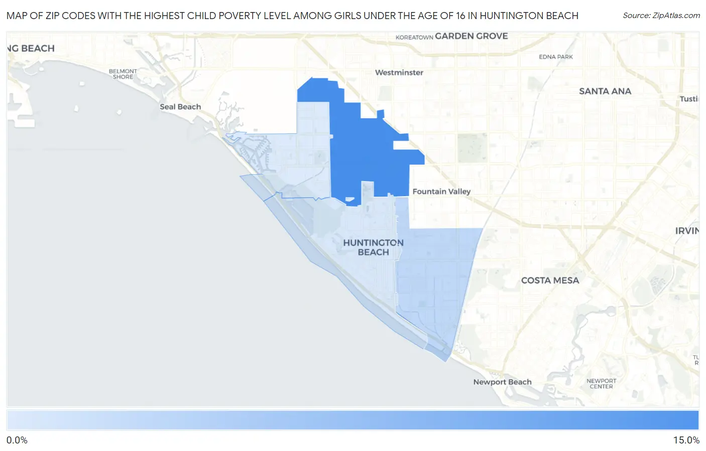 Zip Codes with the Highest Child Poverty Level Among Girls Under the Age of 16 in Huntington Beach Map