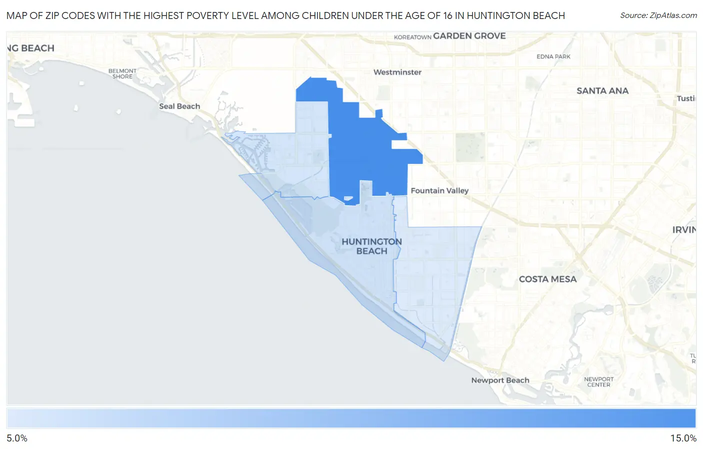 Zip Codes with the Highest Poverty Level Among Children Under the Age of 16 in Huntington Beach Map