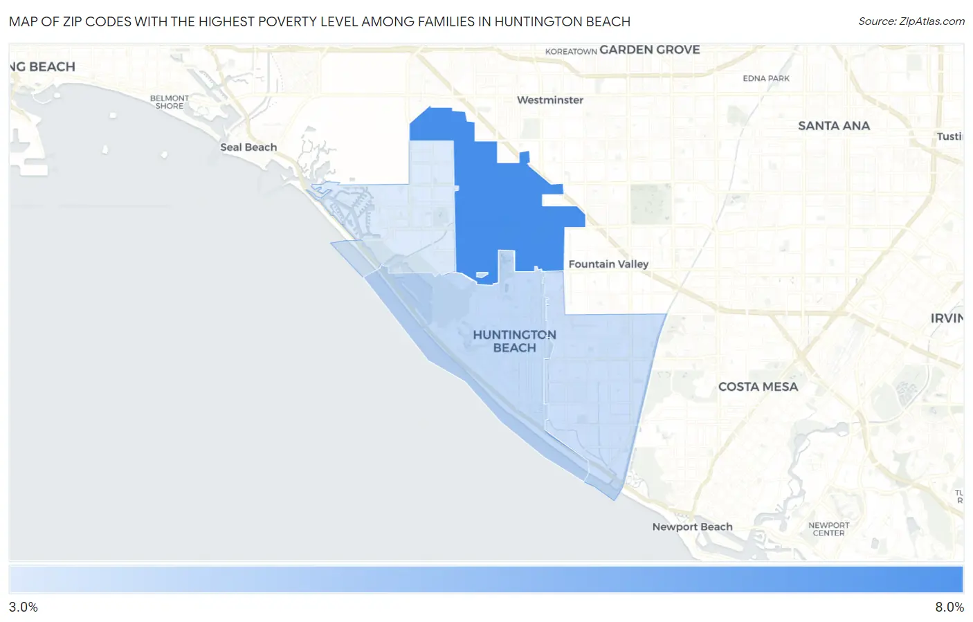 Zip Codes with the Highest Poverty Level Among Families in Huntington Beach Map