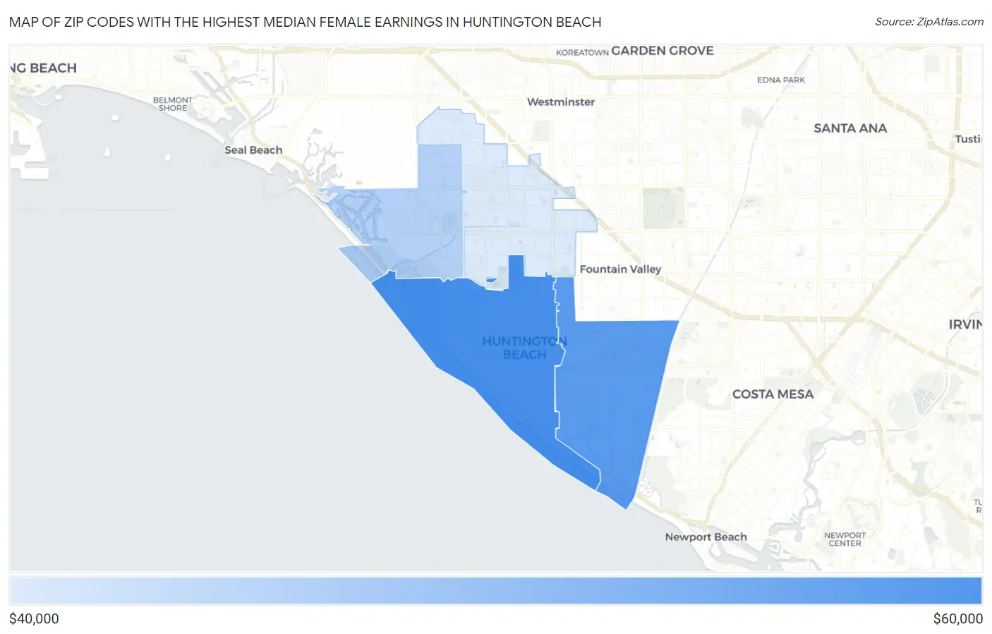 Zip Codes with the Highest Median Female Earnings in Huntington Beach Map