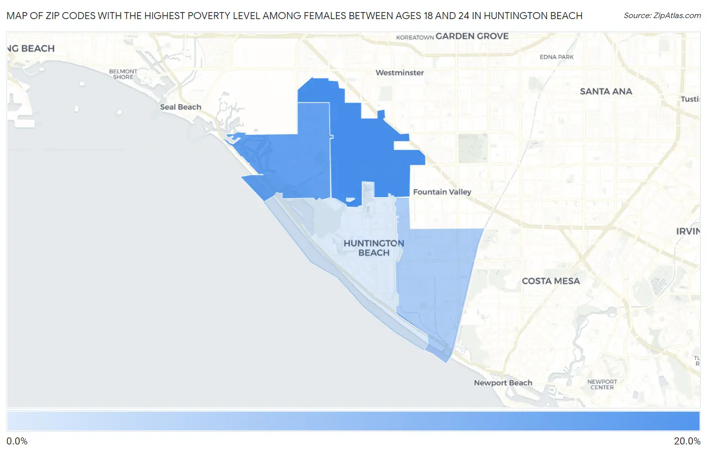 Zip Codes with the Highest Poverty Level Among Females Between Ages 18 and 24 in Huntington Beach Map
