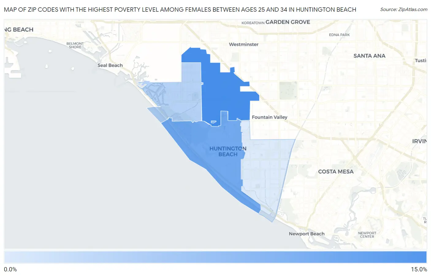 Zip Codes with the Highest Poverty Level Among Females Between Ages 25 and 34 in Huntington Beach Map