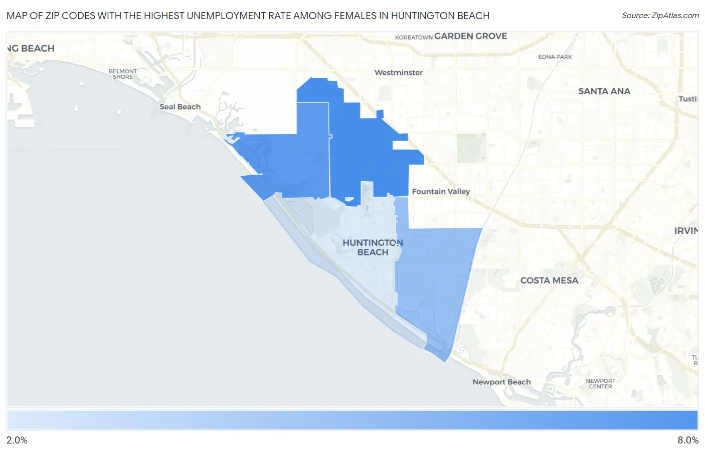 Zip Codes with the Highest Unemployment Rate Among Females in Huntington Beach Map