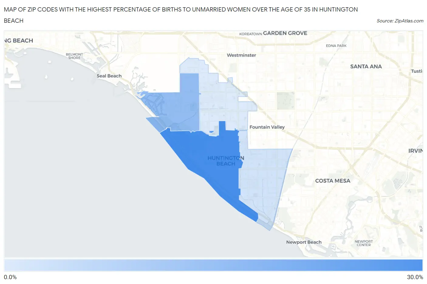 Zip Codes with the Highest Percentage of Births to Unmarried Women over the Age of 35 in Huntington Beach Map