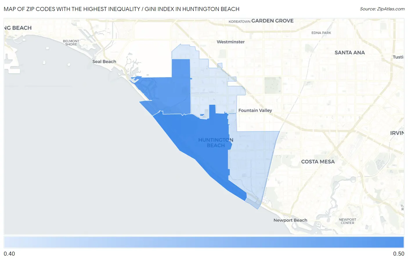 Zip Codes with the Highest Inequality / Gini Index in Huntington Beach Map
