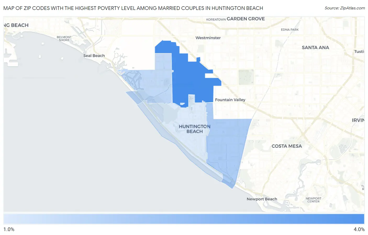 Zip Codes with the Highest Poverty Level Among Married Couples in Huntington Beach Map