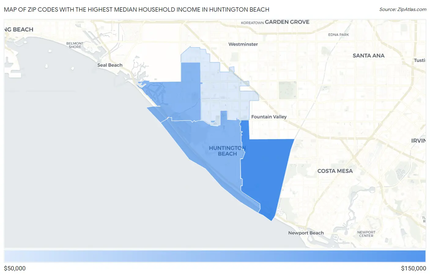 Zip Codes with the Highest Median Household Income in Huntington Beach Map