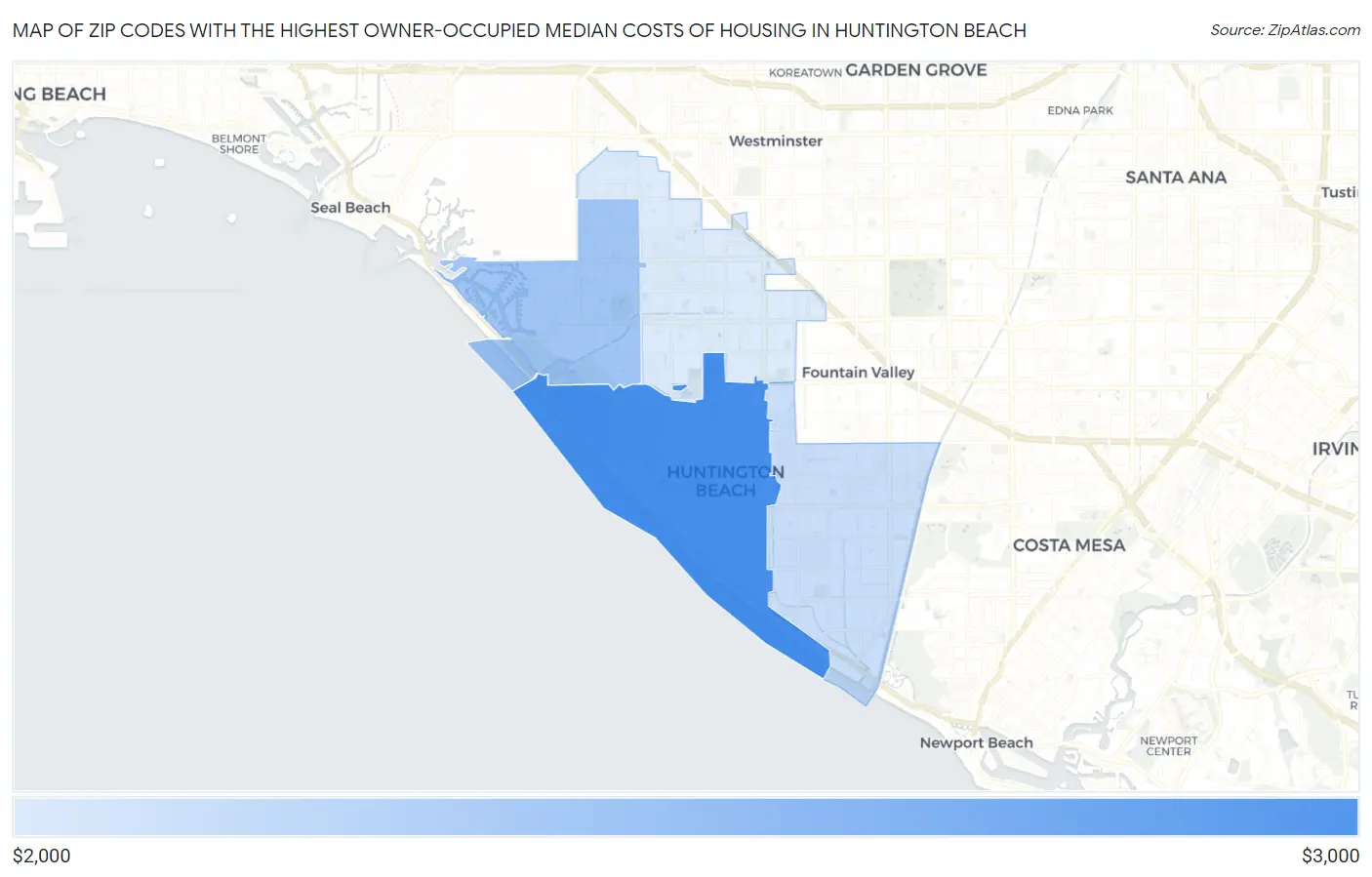 Zip Codes with the Highest Owner-Occupied Median Costs of Housing in Huntington Beach Map