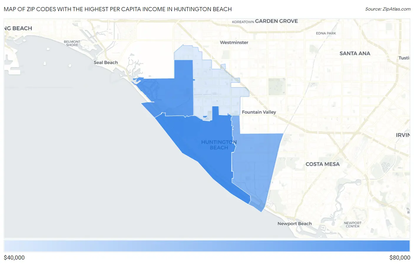 Zip Codes with the Highest Per Capita Income in Huntington Beach Map