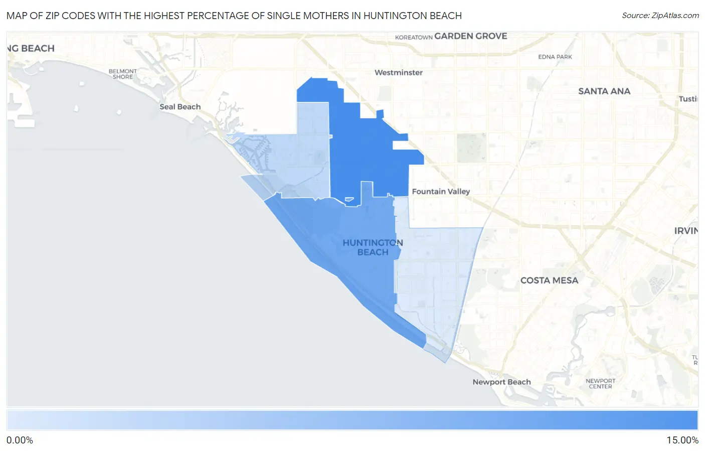 Zip Codes with the Highest Percentage of Single Mothers in Huntington Beach Map