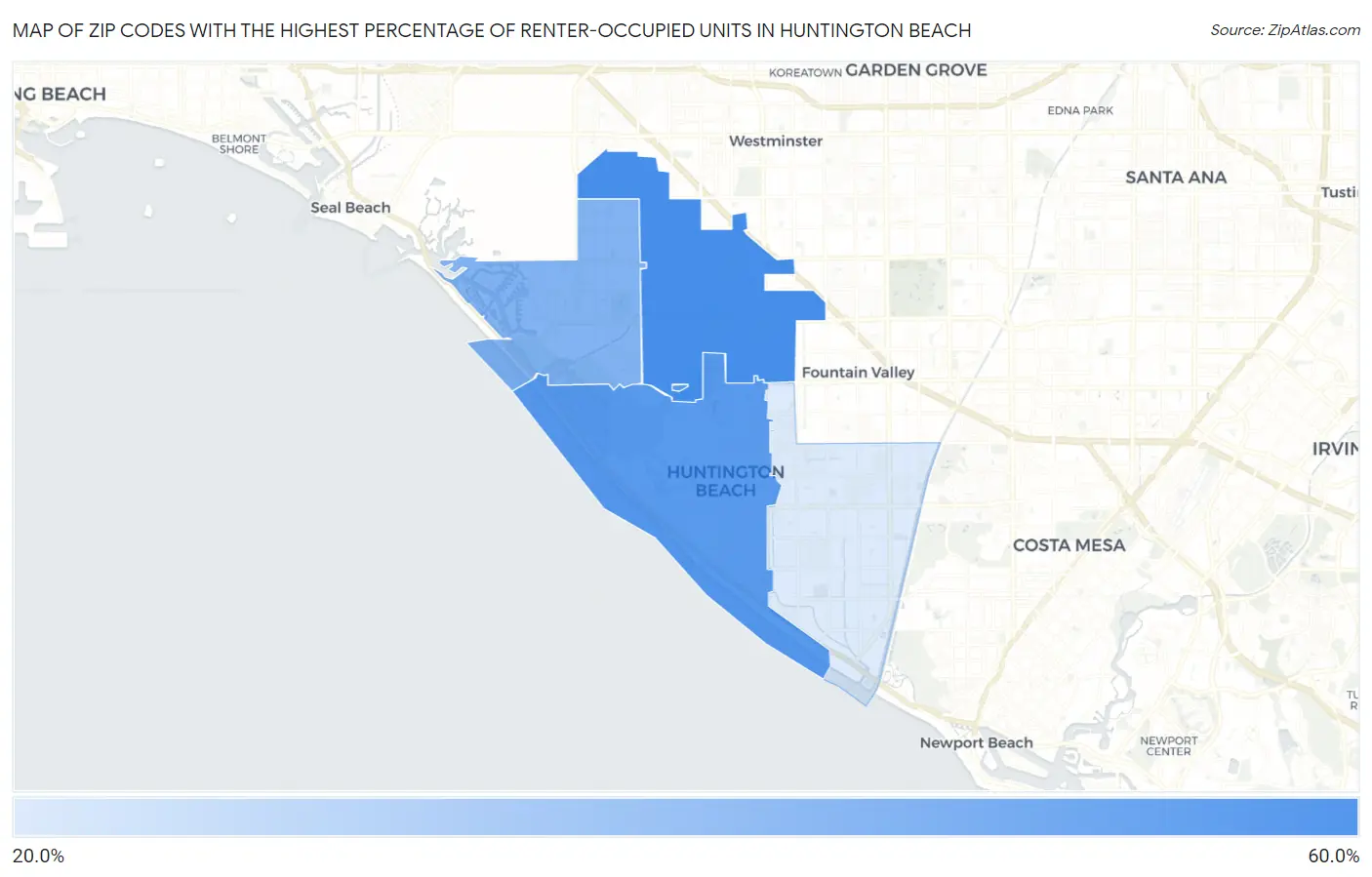 Zip Codes with the Highest Percentage of Renter-Occupied Units in Huntington Beach Map
