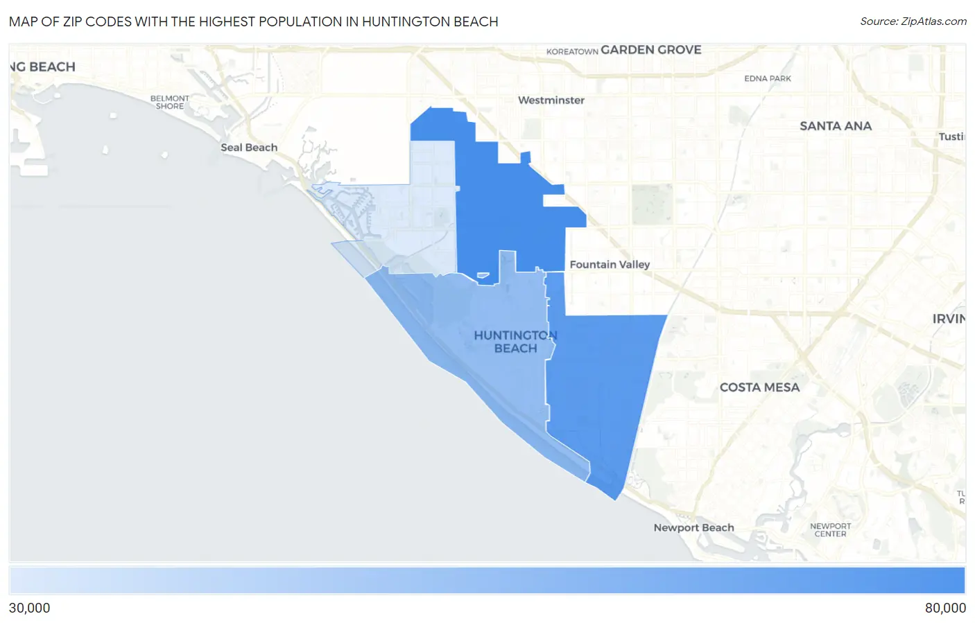 Zip Codes with the Highest Population in Huntington Beach Map