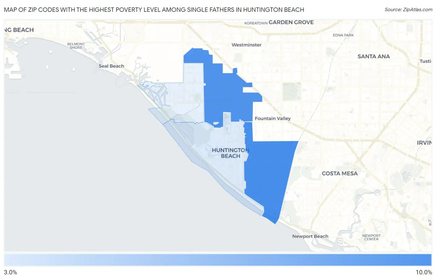 Zip Codes with the Highest Poverty Level Among Single Fathers in Huntington Beach Map