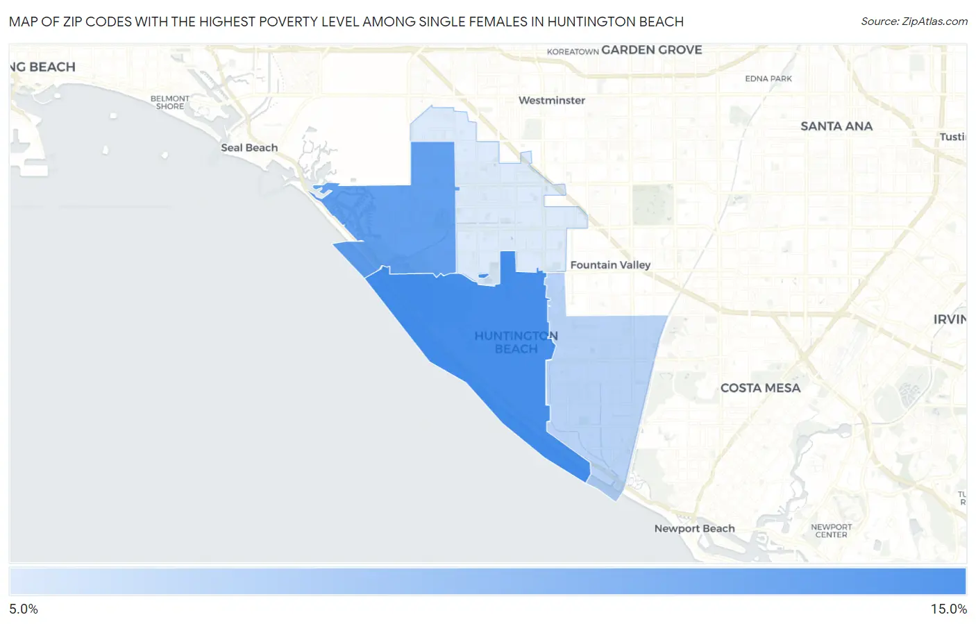 Zip Codes with the Highest Poverty Level Among Single Females in Huntington Beach Map