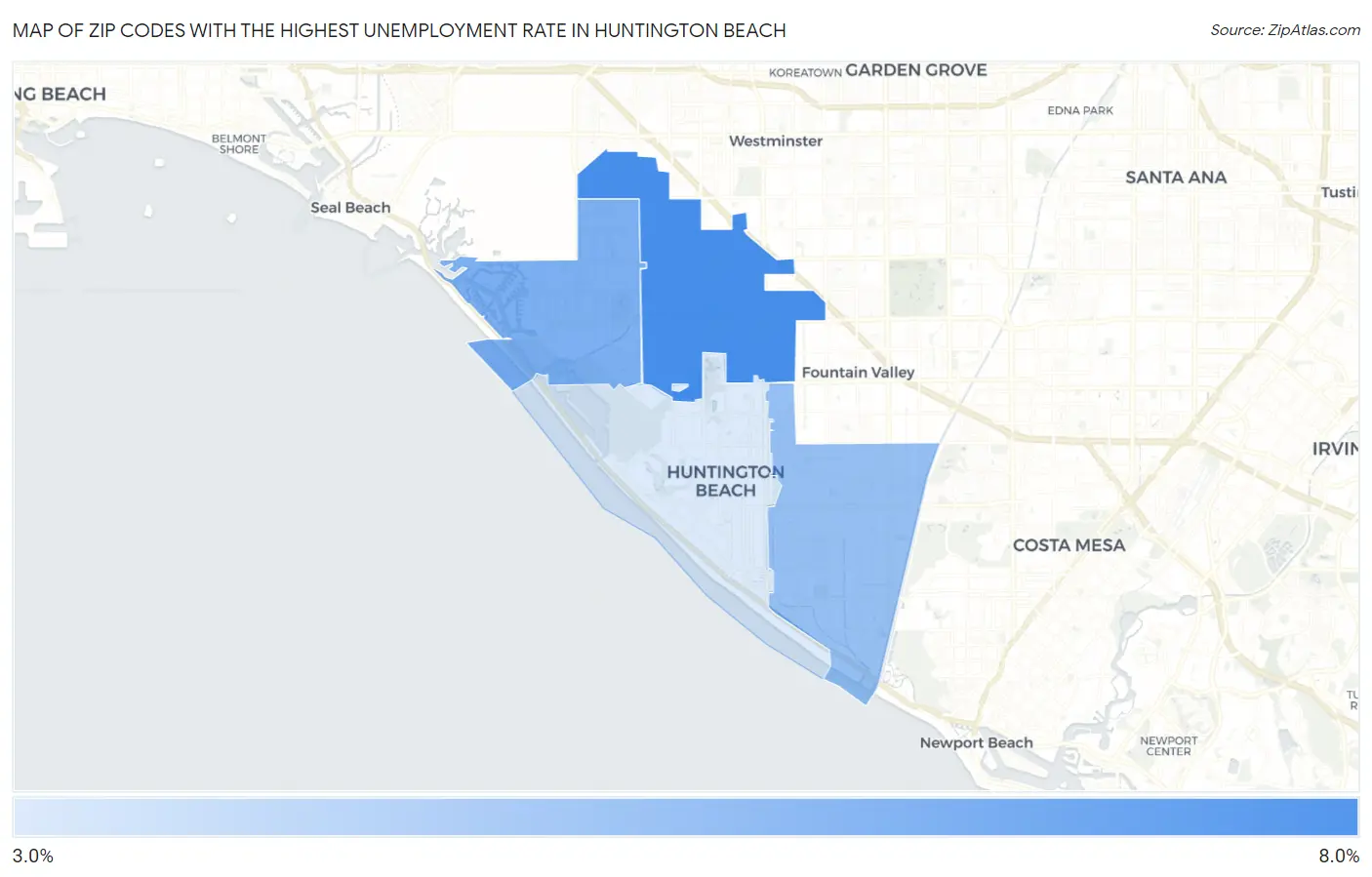 Zip Codes with the Highest Unemployment Rate in Huntington Beach Map