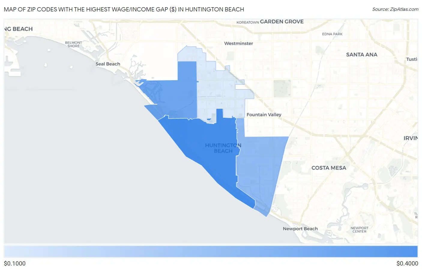 Zip Codes with the Highest Wage/Income Gap ($) in Huntington Beach Map