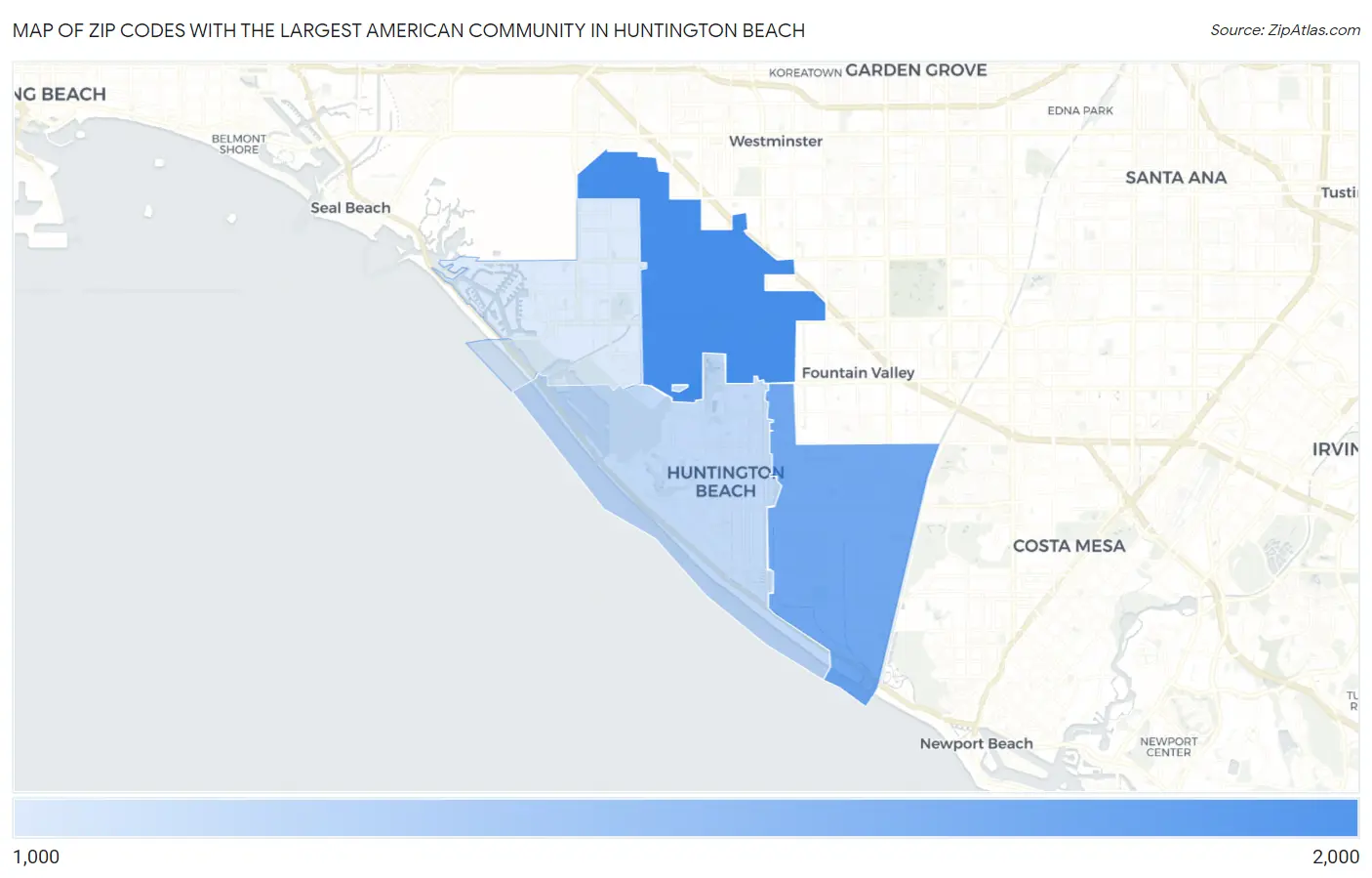 Zip Codes with the Largest American Community in Huntington Beach Map