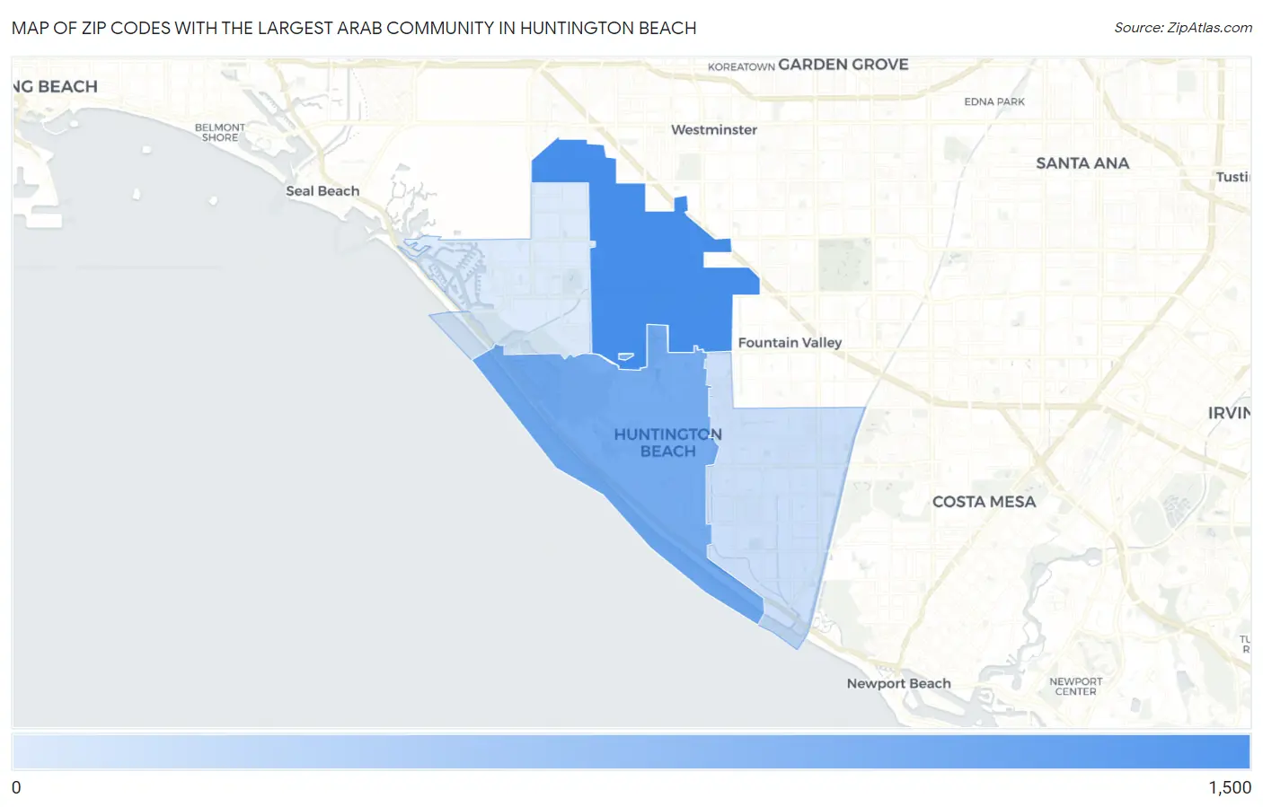 Zip Codes with the Largest Arab Community in Huntington Beach Map