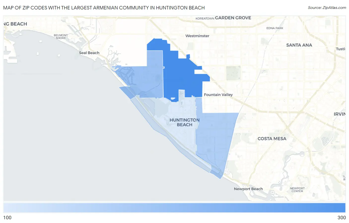 Zip Codes with the Largest Armenian Community in Huntington Beach Map