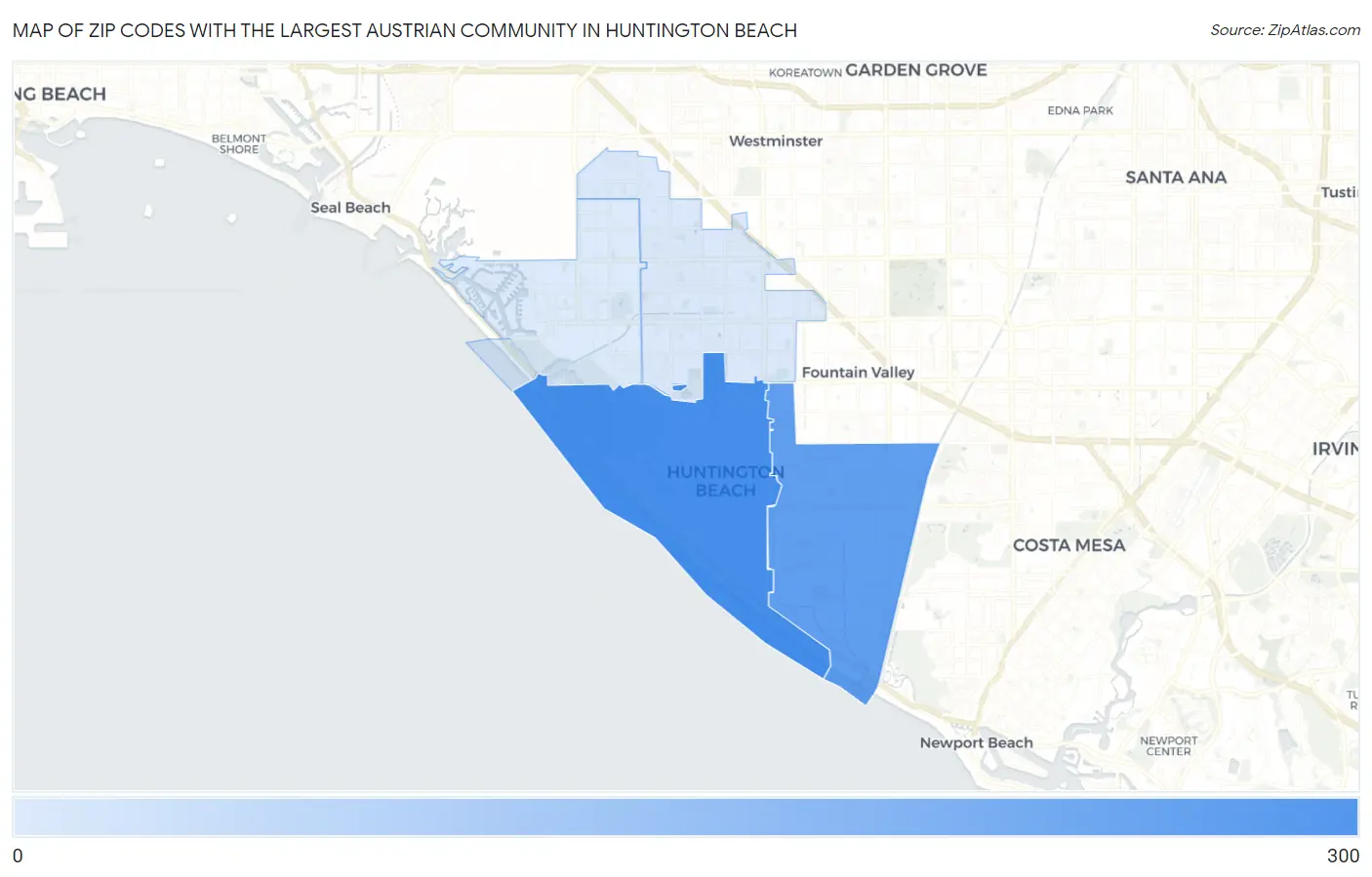 Zip Codes with the Largest Austrian Community in Huntington Beach Map