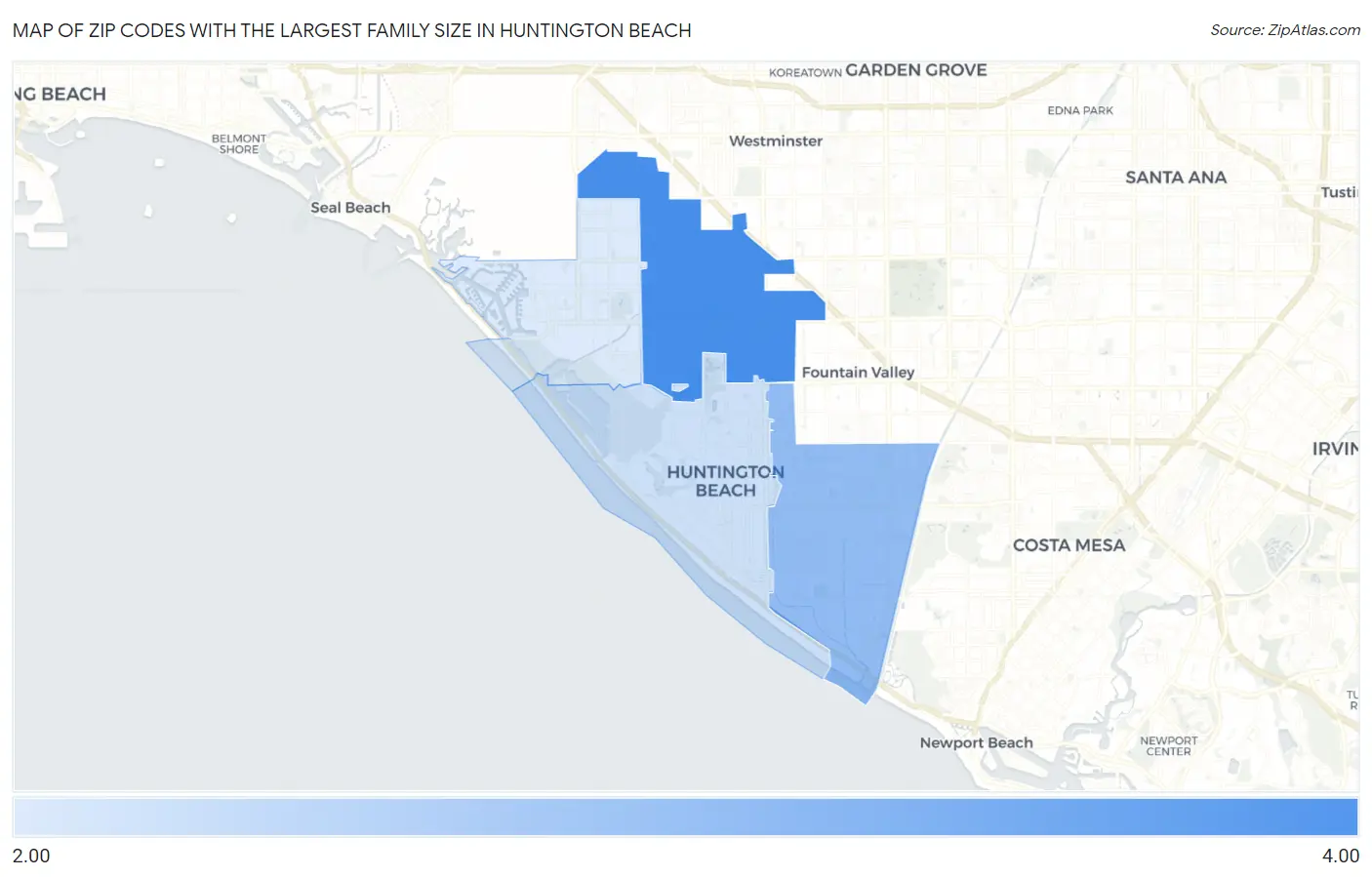 Zip Codes with the Largest Family Size in Huntington Beach Map