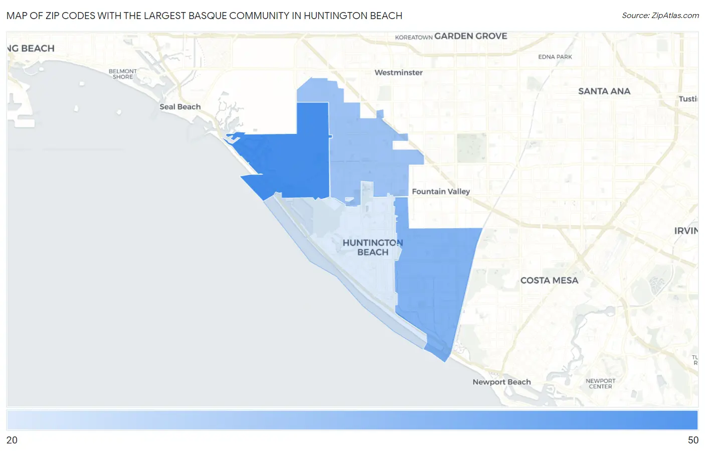 Zip Codes with the Largest Basque Community in Huntington Beach Map