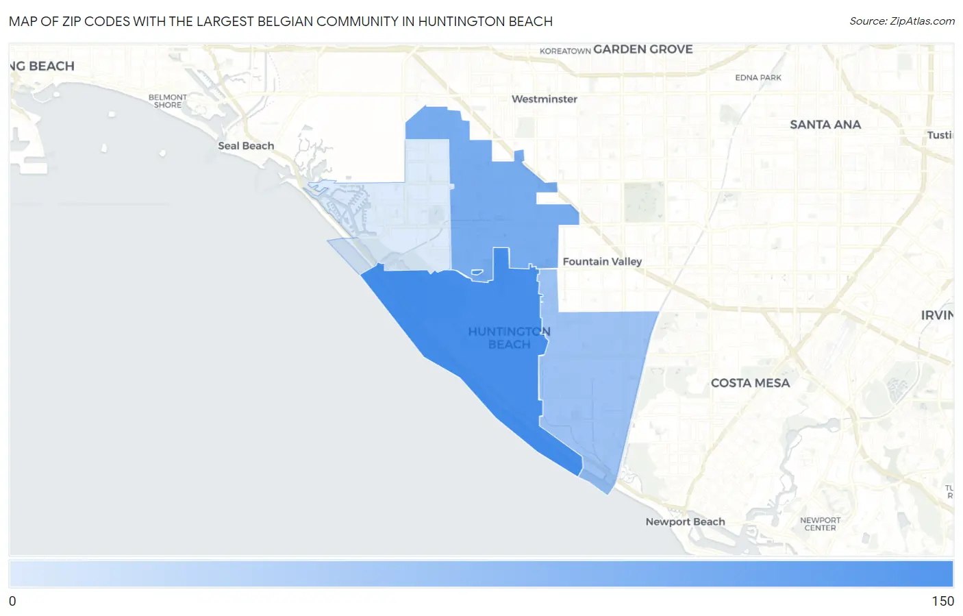 Zip Codes with the Largest Belgian Community in Huntington Beach Map