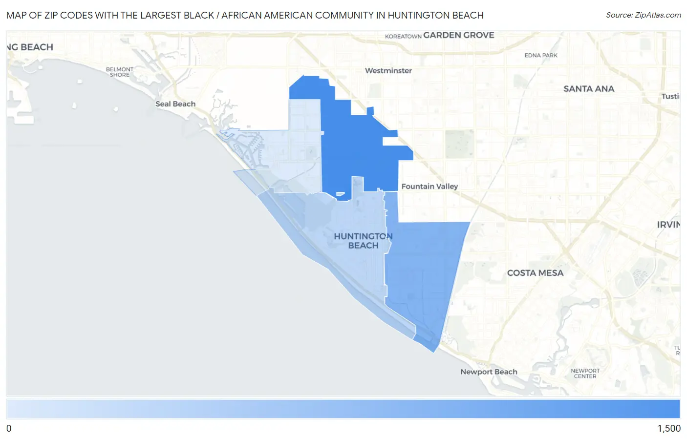 Zip Codes with the Largest Black / African American Community in Huntington Beach Map