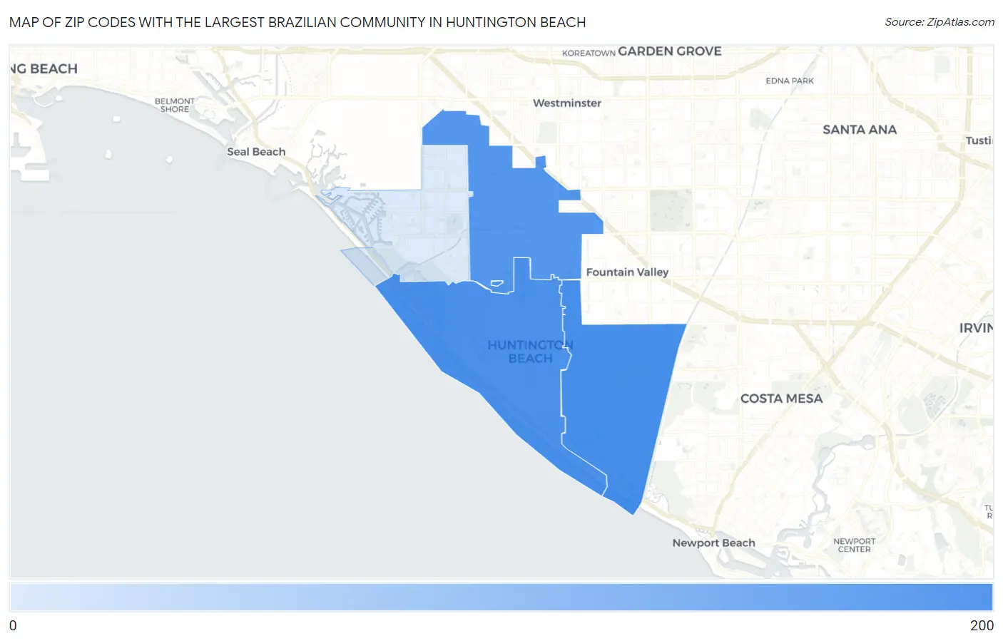 Zip Codes with the Largest Brazilian Community in Huntington Beach Map