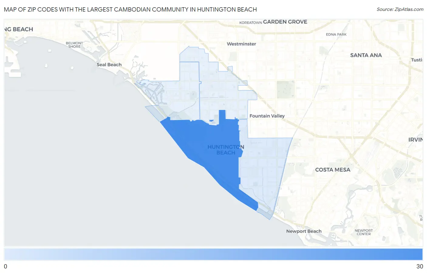 Zip Codes with the Largest Cambodian Community in Huntington Beach Map