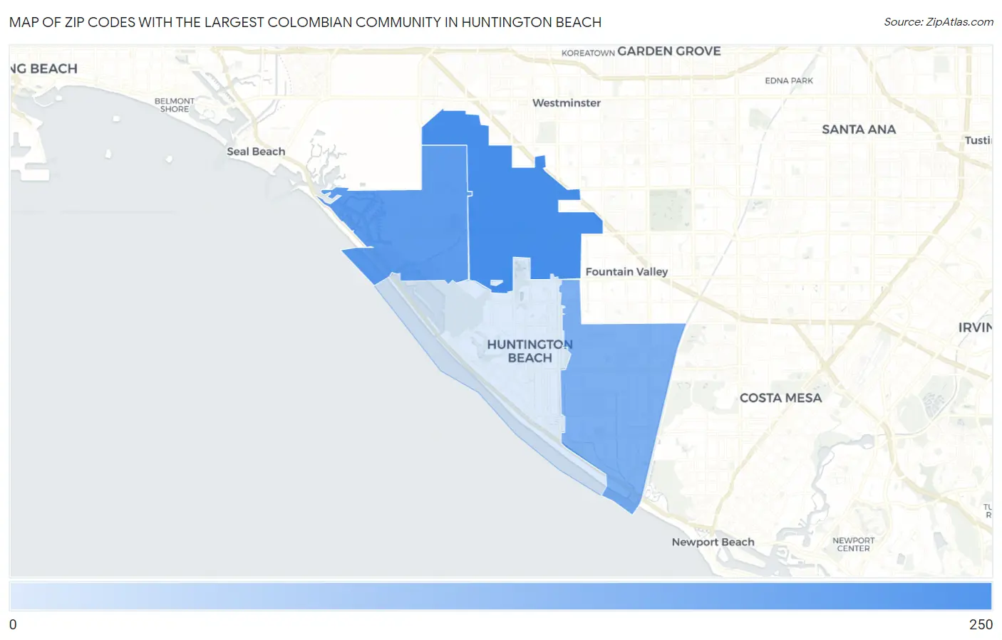 Zip Codes with the Largest Colombian Community in Huntington Beach Map