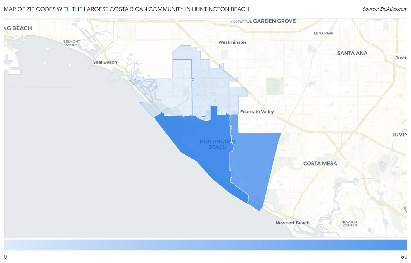 Zip Codes with the Largest Costa Rican Community in Huntington Beach Map