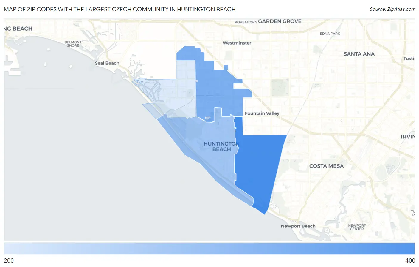 Zip Codes with the Largest Czech Community in Huntington Beach Map