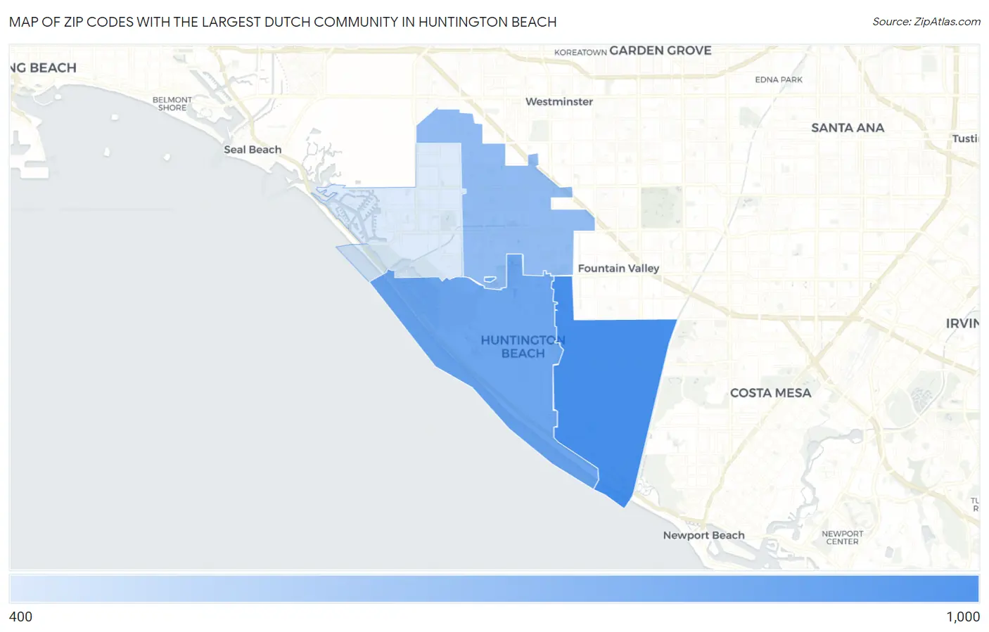 Zip Codes with the Largest Dutch Community in Huntington Beach Map