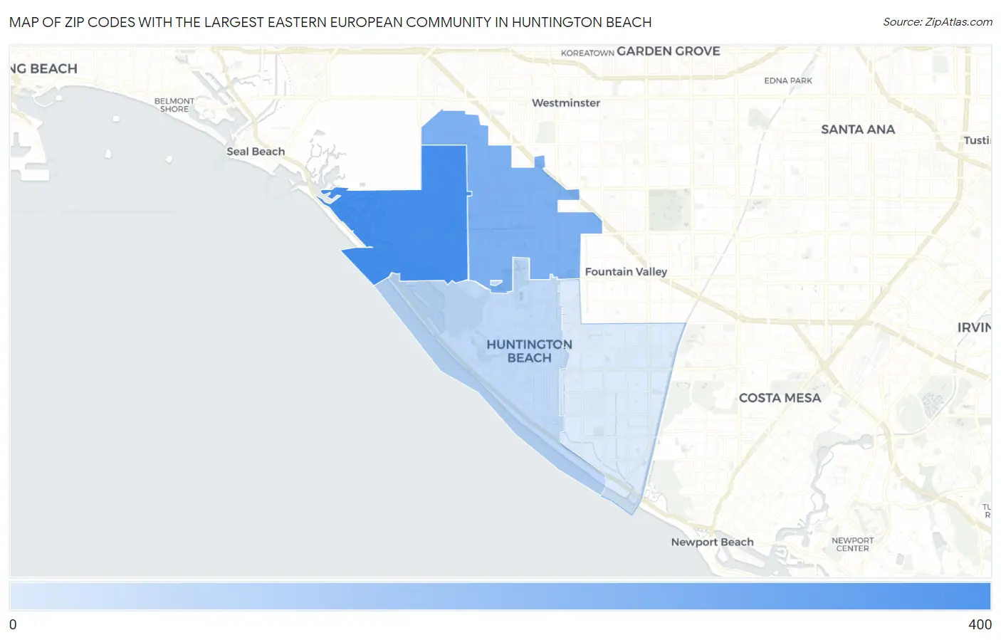 Zip Codes with the Largest Eastern European Community in Huntington Beach Map