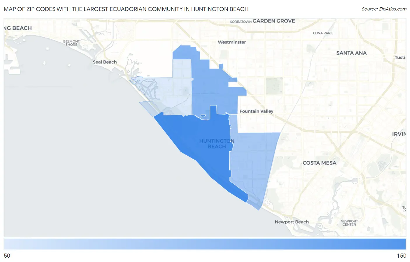 Zip Codes with the Largest Ecuadorian Community in Huntington Beach Map