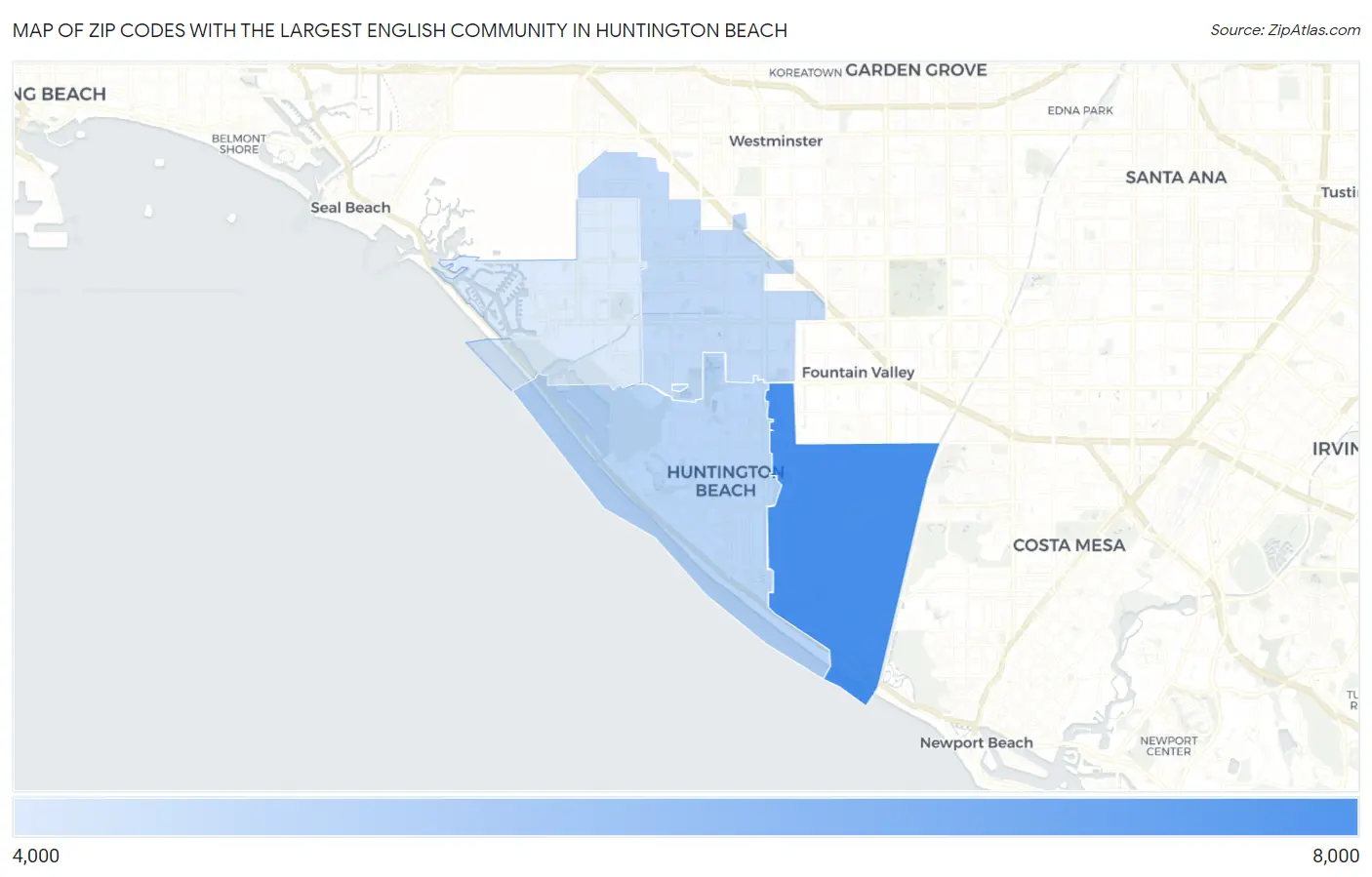Zip Codes with the Largest English Community in Huntington Beach Map