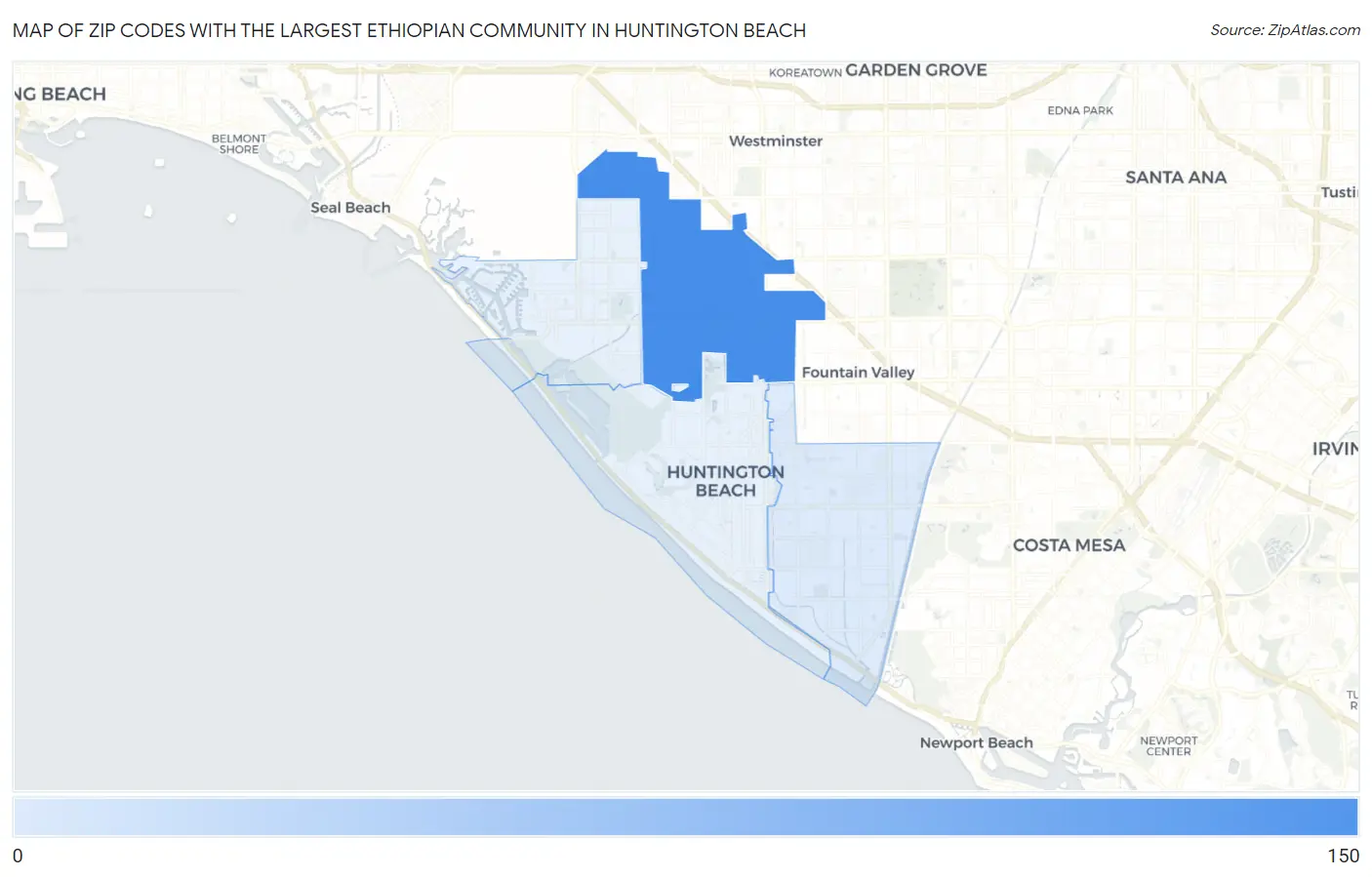 Zip Codes with the Largest Ethiopian Community in Huntington Beach Map