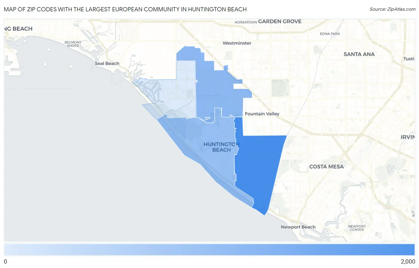 Zip Codes with the Largest European Community in Huntington Beach Map