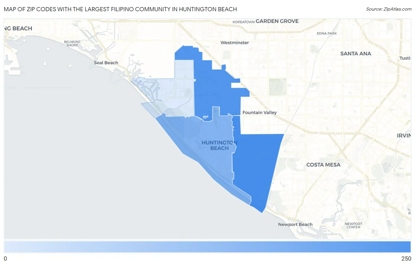 Zip Codes with the Largest Filipino Community in Huntington Beach Map