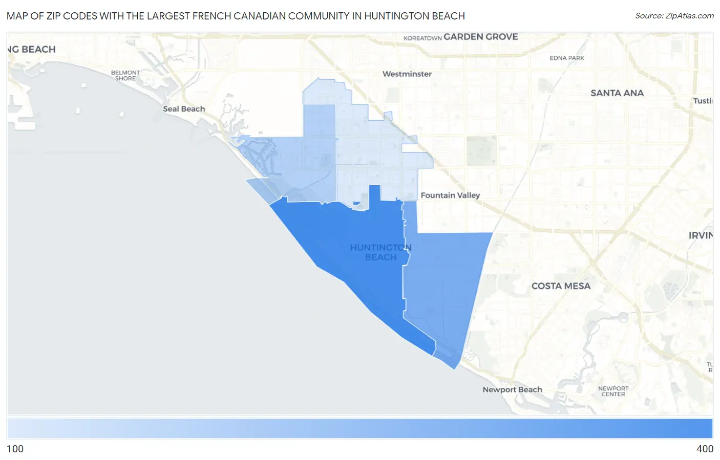 Zip Codes with the Largest French Canadian Community in Huntington Beach Map