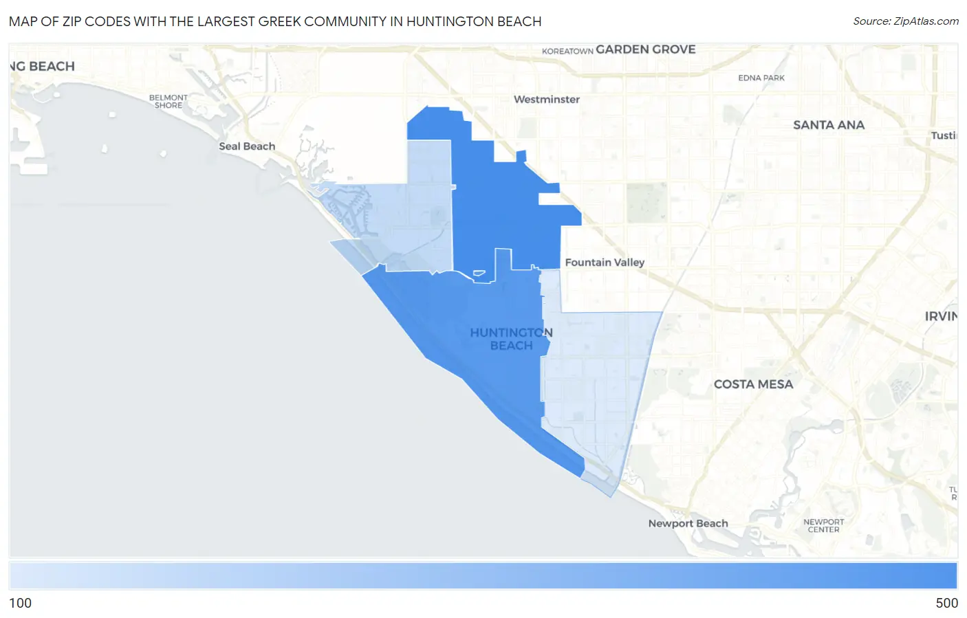 Zip Codes with the Largest Greek Community in Huntington Beach Map
