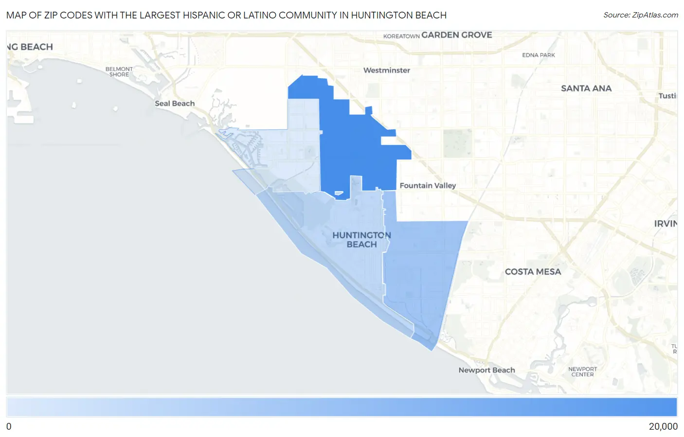 Zip Codes with the Largest Hispanic or Latino Community in Huntington Beach Map