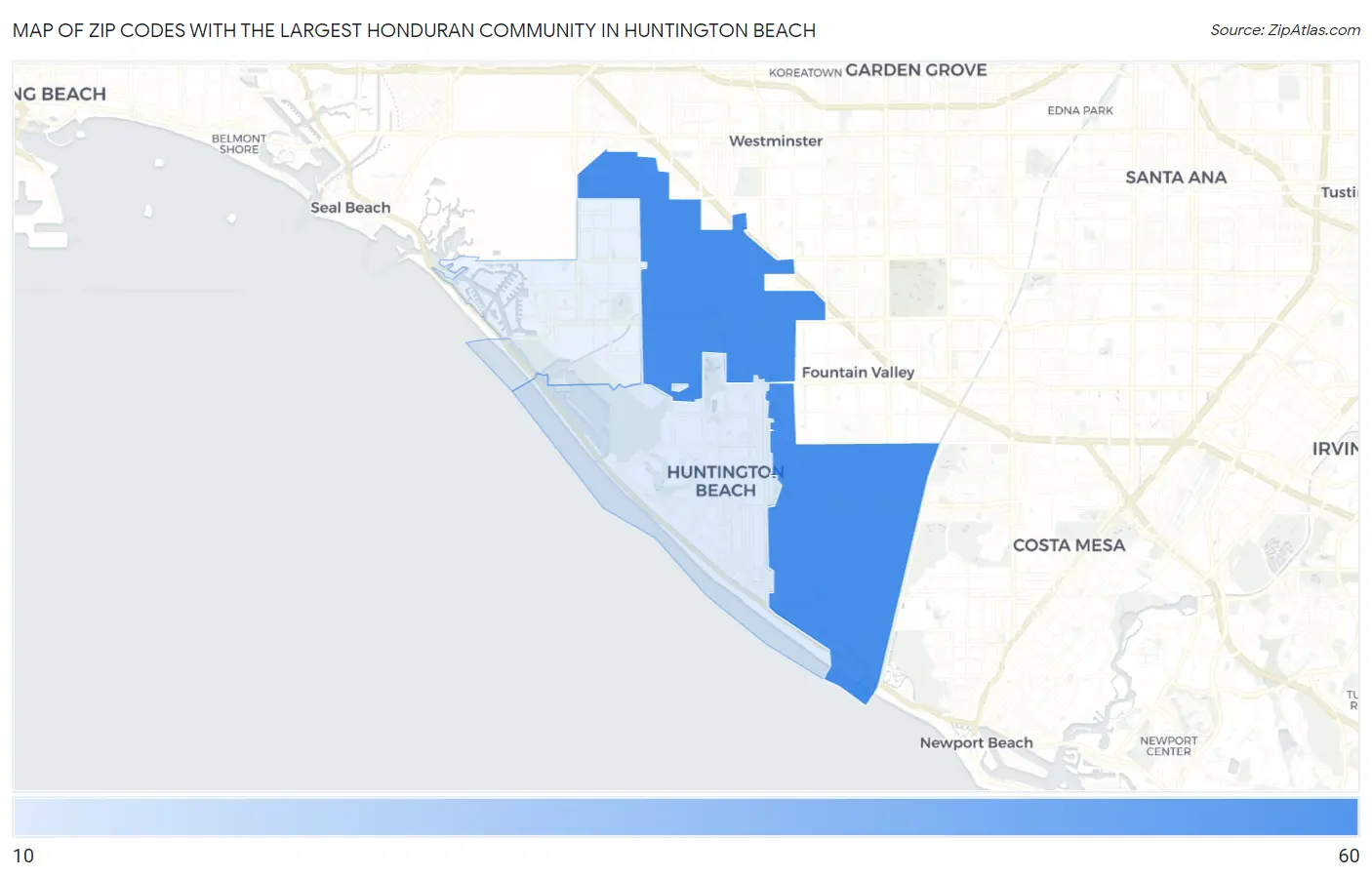 Zip Codes with the Largest Honduran Community in Huntington Beach Map
