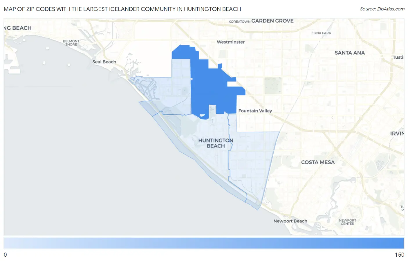 Zip Codes with the Largest Icelander Community in Huntington Beach Map