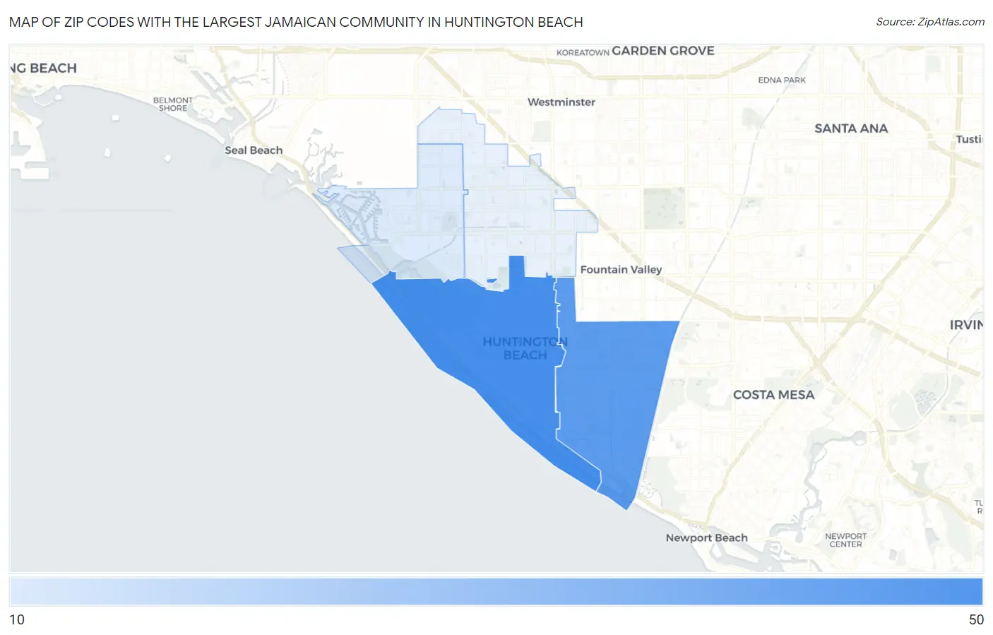 Zip Codes with the Largest Jamaican Community in Huntington Beach Map